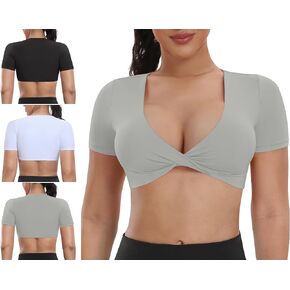 Padded Sports Bras for Women with Short Sleeve - Workout Twist Front Crop Tank Top Shirts Sets (3 Pack)
