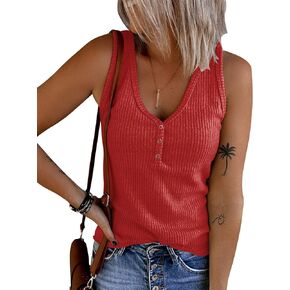 Yuccalley Women's Ribbed Knit V Neck Tank Tops Sleeveless Henley Shirts Button Up Cami Tees