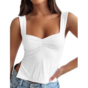 Women Sexy Sleeveless Strappy Crop Tank Top Pleated Bustier Sweetheart Neck Vest Cami Slits Backless Cropped Tops