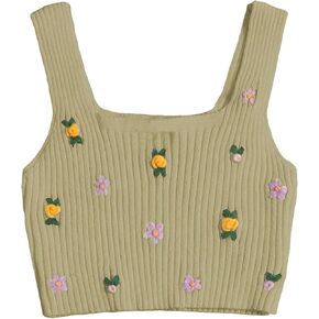 SweatyRocks Women's Sleeveless Ribbed Knit Vest Top Scoop Neck Floral Slim Fit Crop Tank Tops