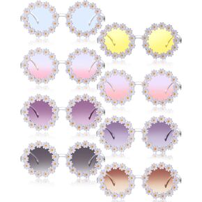 Maitys 8 Pairs Daisy Sunglasses Disco Festival Sunglasses Fun Flower Sunglasses for Women Retro Floral Round Shape Sunglasses