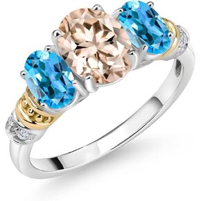 925 Sterling Silver and 10K Yellow Gold Oval Peach Morganite Swiss Blue Topaz and White Diamond 3 Stone Ring For Women (2.13 Cttw, Gemstone October Birthstone, Available In Size 5, 6, 7, 8, 9)