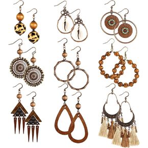 9 Pairs Boho Wood Earrings for Women Tassel Bohemian National Style Dangle Earnings Hippie Vintage Drop Boho Eardrop
