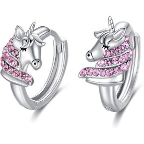 AOBOCO 925 Sterling Silver Unicorn Hoop Earrings with Pink Crystals, Unicorn Jewelry Birthday Gifts for Women Her Daughter
