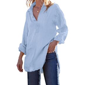 Womens Cotton Linen Tunic Shirts Button Down Long Sleeve Collared Summer Beach Pullover Tops