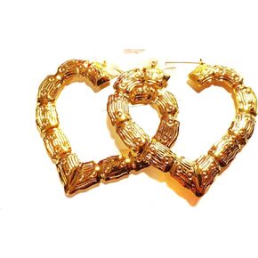 Large Bamboo Heart Hoop Earrings Gold Tone Earrings 3.5 Inch