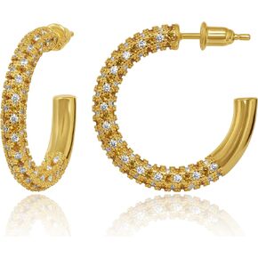 Gold Hoop Earrings for Women - 14k Gold Plated Earrings 925 Sterling Silver Post - Fully Studded with AAA+ CZ Stones - Chunky Gold Earrings - Hypoallergenic Open Hoops Nickel Free - By AceLay