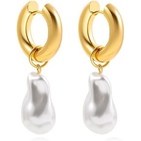 14K Gold Plated Pearl Drop Dangle Earrings Huggie Small Hoop Hypoallergenic Earrings for Women