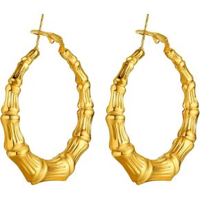 Novelty Bamboo Hoop Earrings For Women, Minimalist and Chic Jewelry, Black/18K Gold Plated Stainless Steel Earrings Hypoallergenic, Size:40mm/60mm/80mm, Come Gift Box