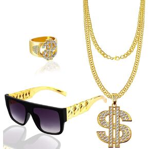 Hip Hop Costume Kit, Dollar Sign Necklace and Ring, 80s 90s Sunglasses Rapper Punk Gold Chain Gold Plated Chain Dollar Necklace for Men Woman punk Carnival Party
