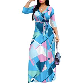 AOMONI Women's Maxi Floral Print Casual 3/4 Sleeve V-Neck Wrap Tie Waist Long Dress