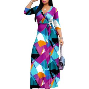 AOMONI Women's Maxi Floral Print Casual 3/4 Sleeve V-Neck Wrap Tie Waist Long Dress