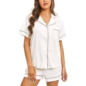 DOBREVA Women's Cotton Pajama Sets Notch Collar Short Sleeve and Shorts Button Down Loungewear Sleepwear 2 Piece