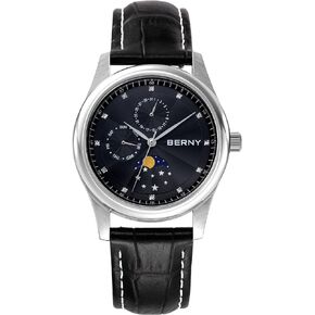 BERNY Mens Multi-Functional Quartz Watch with Calendar and Moon Phase Watch - Stainless Steel Case and Leather Band