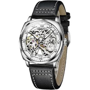 OLEVS Men's Skeleton Watches, Small Wrist Classic Diamond Dial Automatic Self Winding Watches, Retro Comfort Waterproof Tonneau Watch for Men with Black Leather Strap in Saudi Arabia