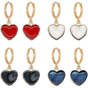 WUWEIJIAJIA 4 أزواج بسيطة أسود أبيض أحمر أزرق على شكل قلب Huggie هوب الأقراط 14K الذهب المينا هيبوالرجينيك تتدلى أقراط مجموعة للنساء الفتيات هدايا مجوهرات فريدة من نوعها in Kuwait