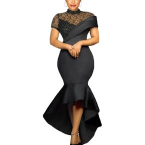 AOMEI Women's Black Lace Patchwork Asymmetrical Slim Mermaid Long Dress