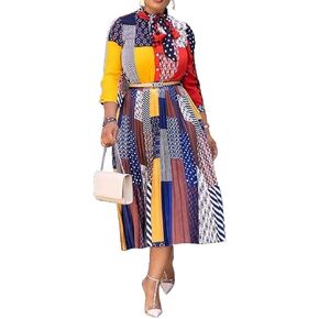 VERWIN Bow Collar Patchwork A-Line Color Block Women's Long Sleeve Dress Midi Dress