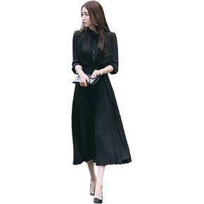 amropi Womens Pleated Long Sleeve Loose Dress Casual Maxi Dresses with Tie Waist