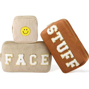 LieToi 5Pcs Preppy Corduroy Makeup Bags Set, Skin Hair Stuff Face Chenille Letter Patch Cosmetic Bag Portable Toiletry Bag Large Capacity Storage Zipper Purse Travel Organizer Bag for Women Girls