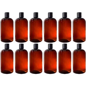 Amber 16 oz Boston Round PET Plastic Bottles (BPA Free) with (12 Pack) (Gold Lotion Pump)