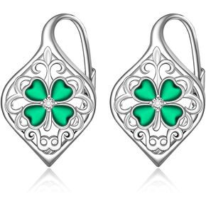 St Patricks Day Earrings Shamrock Earrings for Women Four Leaf Clover Shamrock Sterling Silver Leverback Celtic Irish Green Lucky Jewelry