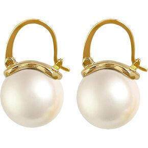 EFTKOY 18K Gold Plated 925 Sterling Silver Drop Dangle Shell Pearl Earrings for Women - Large Size 12mm