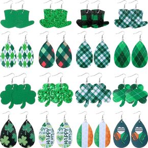 16 Pairs St Patrick′ s Day Clover Leather Earrings Petal Leather Dangle Teardrop Leaf Drop Earrings Gift for Women