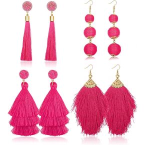 Florideco 4 أزواج من الأقراط شرابة للنساء أقراط بيان الطبقات الأقراط شرابة طويلة البوهيمي شكل مروحة أقراط شرابة تتدلى قطرة اليدوية الأقراط الوردي الساخن للنساء الفتيات in Kuwait