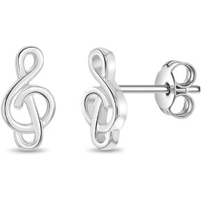 925 Sterling Silver Bright Treble Clef Standard Push Back Young Girls & Preteens - Adorable Earrings For Girls Who Love Music - Earrings For Musical Loving Children - Cute Girl Earrings For Everyday