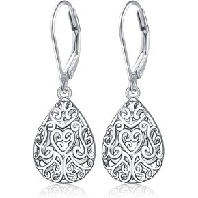 DAOCHONG 925 Sterling Silver Heart/Tree of Life Filigree Teardrop French Bulldog/Hummingbird Earrings for Women Birthday Gifts Dangle Drop Leverback Earrings for Girls Teen