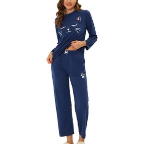 cheibear Womens Sleepwear Cat Pajamas with Pockets Long Sleeve Cute Tops and Pants Christmas Lounge Set in Saudi Arabia