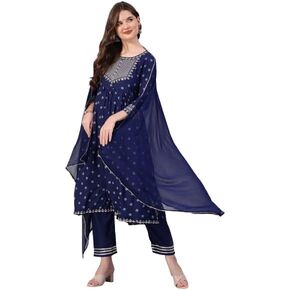 Women's Rayon Embroidred Nyara Cut Kurta With Pant And Dupatta Set