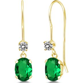 Gem Stone King 14K Yellow Gold Green Nano Emerald and White Diamond French Wire Dangle Earrings For Women (0.93 Cttw, Gemstone May Birthstone, Oval 6X4MM and Round 2.5MM)
