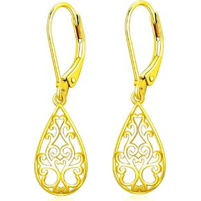 14K Solid Gold Heart Filigree Dangle Earrings for Women,Real Gold Teardrop Leverback Dangle Drop Earrings Jewelry Gifts for Wife Mon Girls Birthday Christmas Valentine's Day