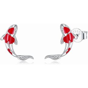 Rofeego Red and White Koi Fish Stud Earrings for Women Girls，S925 Sterling Silver Cute Exquisite Little Carp Gift for Birthday
