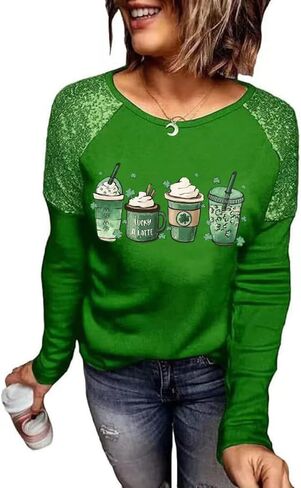St. Patrick's Day T-Shirt Womens Funny Shamrock Printed Sequined Splicing Sleeve Casual Lucky Clover Heart Graphic Tee Tops in Saudi Arabia