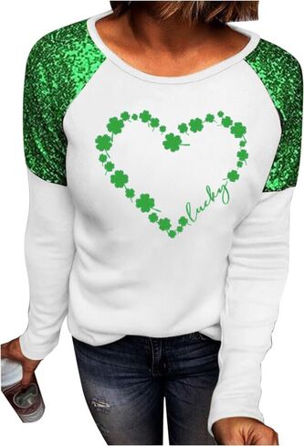 St. Patrick's Day T-Shirt Womens Funny Shamrock Printed Sequined Splicing Sleeve Casual Lucky Clover Heart Graphic Tee Tops in Saudi Arabia