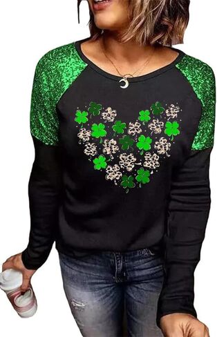 St. Patrick's Day T-Shirt Womens Funny Shamrock Printed Sequined Splicing Sleeve Casual Lucky Clover Heart Graphic Tee Tops in Saudi Arabia