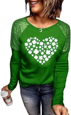St. Patrick's Day T-Shirt Womens Funny Shamrock Printed Sequined Splicing Sleeve Casual Lucky Clover Heart Graphic Tee Tops in Saudi Arabia