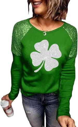 St. Patrick's Day T-Shirt Womens Funny Shamrock Printed Sequined Splicing Sleeve Casual Lucky Clover Heart Graphic Tee Tops in Saudi Arabia
