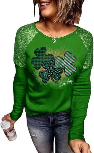 St. Patrick's Day T-Shirt Womens Funny Shamrock Printed Sequined Splicing Sleeve Casual Lucky Clover Heart Graphic Tee Tops in Saudi Arabia