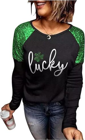 St. Patrick's Day T-Shirt Womens Funny Shamrock Printed Sequined Splicing Sleeve Casual Lucky Clover Heart Graphic Tee Tops in Saudi Arabia