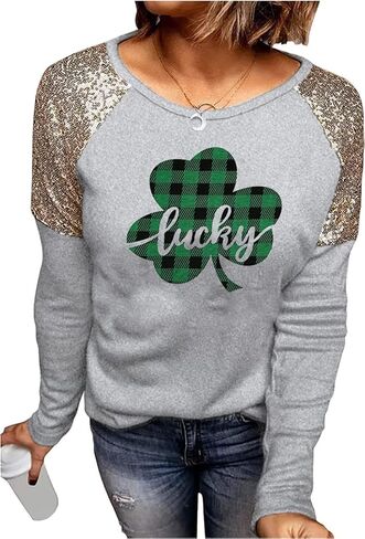 St. Patrick's Day T-Shirt Womens Funny Shamrock Printed Sequined Splicing Sleeve Casual Lucky Clover Heart Graphic Tee Tops in Saudi Arabia