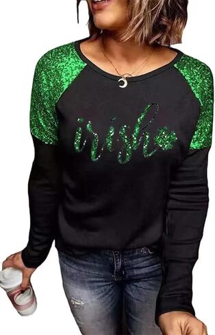 St. Patrick's Day T-Shirt Womens Funny Shamrock Printed Sequined Splicing Sleeve Casual Lucky Clover Heart Graphic Tee Tops in Saudi Arabia