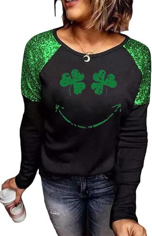 St. Patrick's Day T-Shirt Womens Funny Shamrock Printed Sequined Splicing Sleeve Casual Lucky Clover Heart Graphic Tee Tops in Saudi Arabia