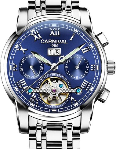 Mens tourbillon Automatic Mechanical Watch Silver Stainless Steel Multifunction Blue Watches in Saudi Arabia