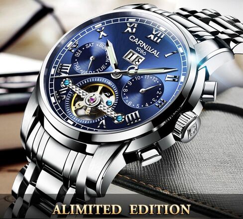 Mens tourbillon Automatic Mechanical Watch Silver Stainless Steel Multifunction Blue Watches in Saudi Arabia
