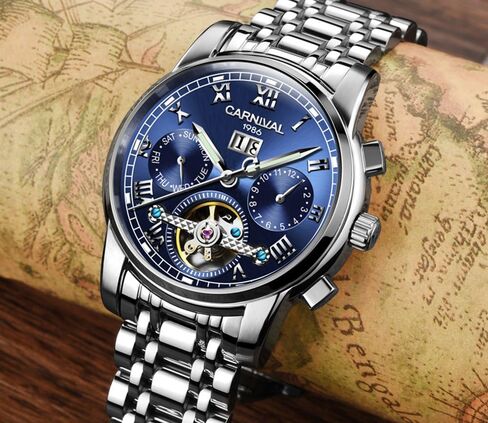 Mens tourbillon Automatic Mechanical Watch Silver Stainless Steel Multifunction Blue Watches in Saudi Arabia