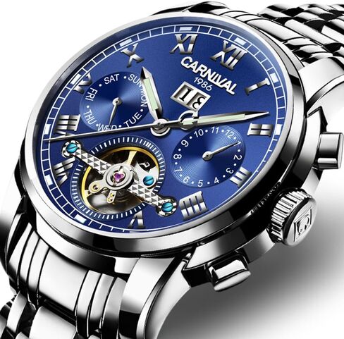 Mens tourbillon Automatic Mechanical Watch Silver Stainless Steel Multifunction Blue Watches in Saudi Arabia